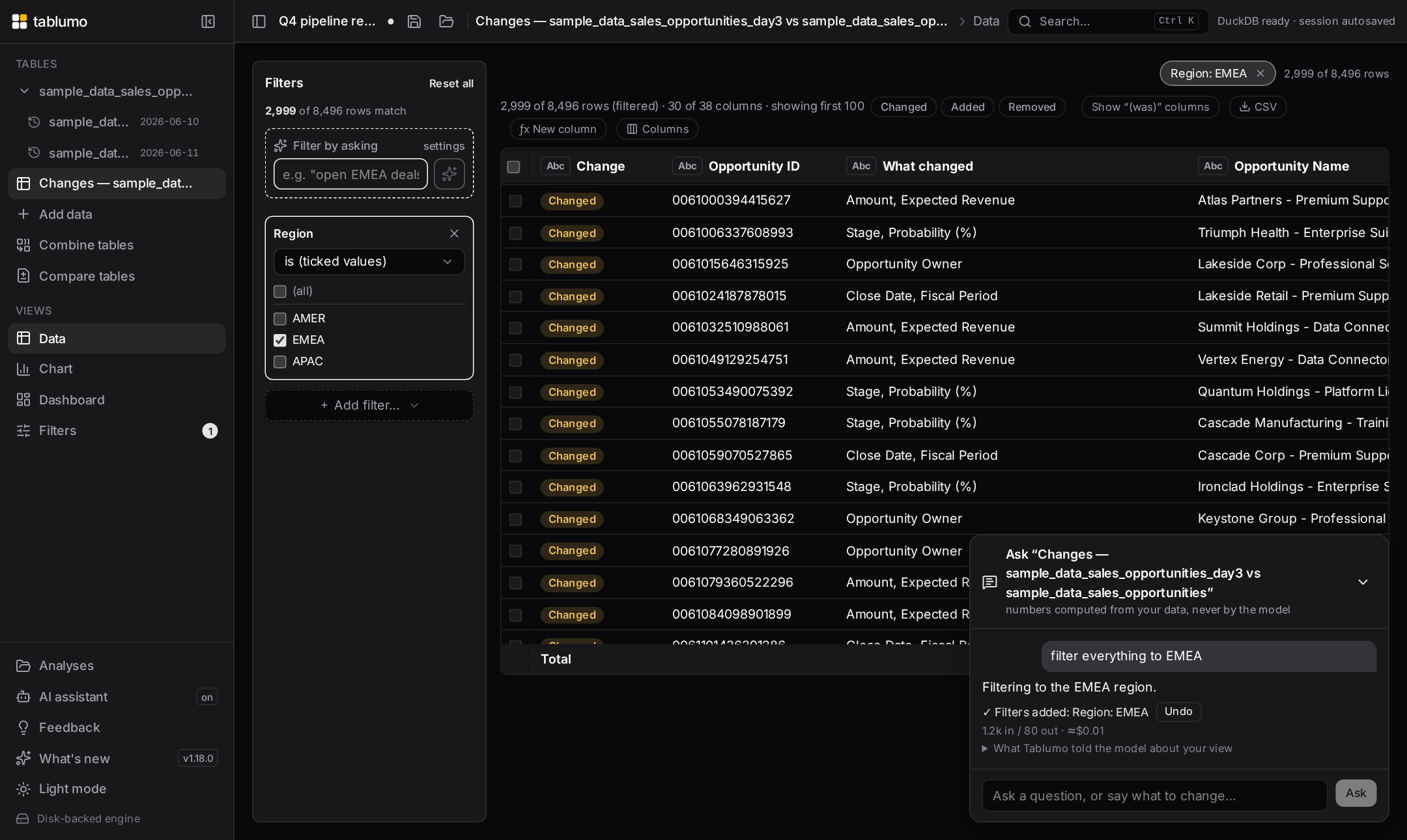 The chat dock applying a filter from a plain-language instruction, with the ✓ Applied line and Undo button