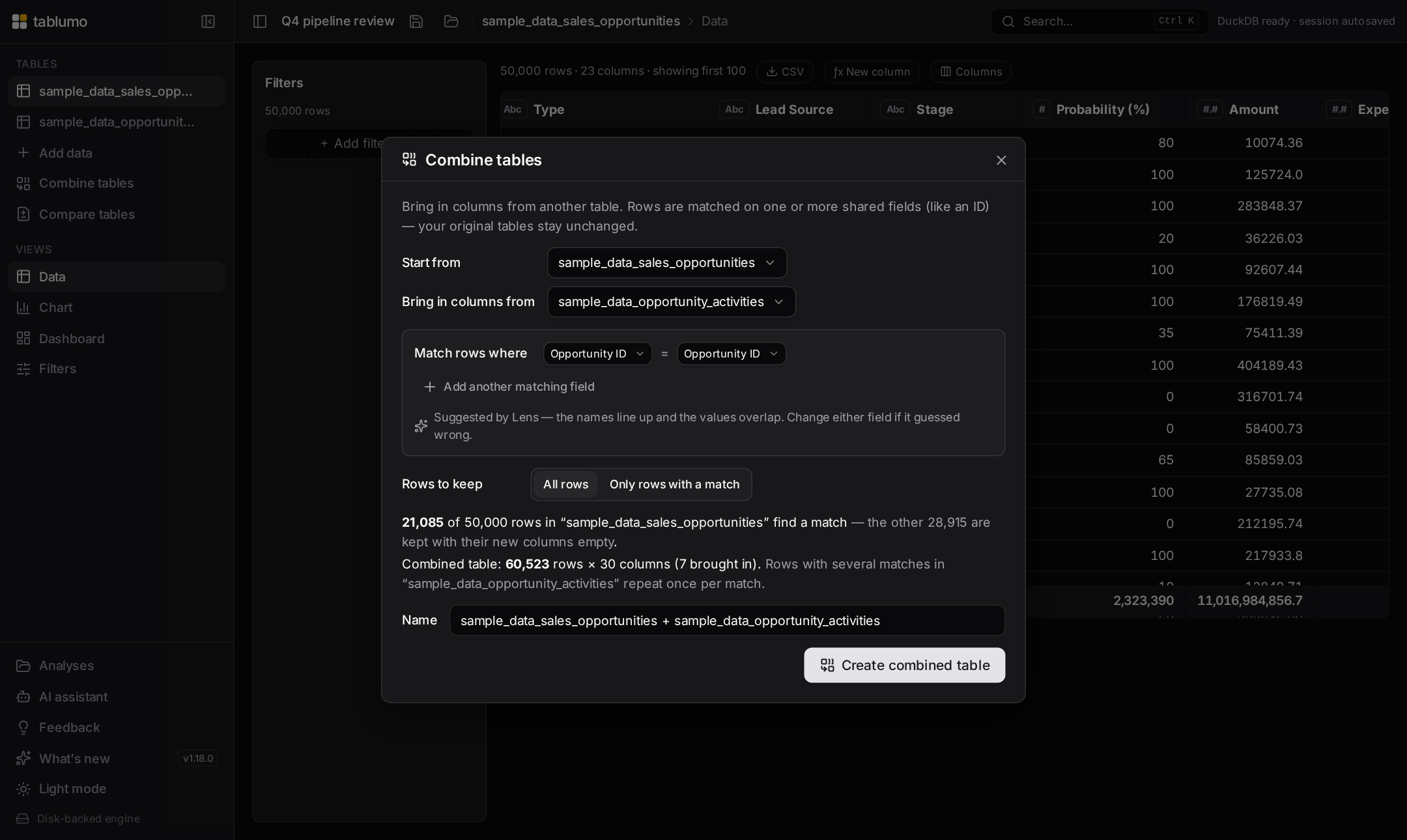 The Combine tables dialog suggesting Opportunity ID as the linking field and showing honest match counts