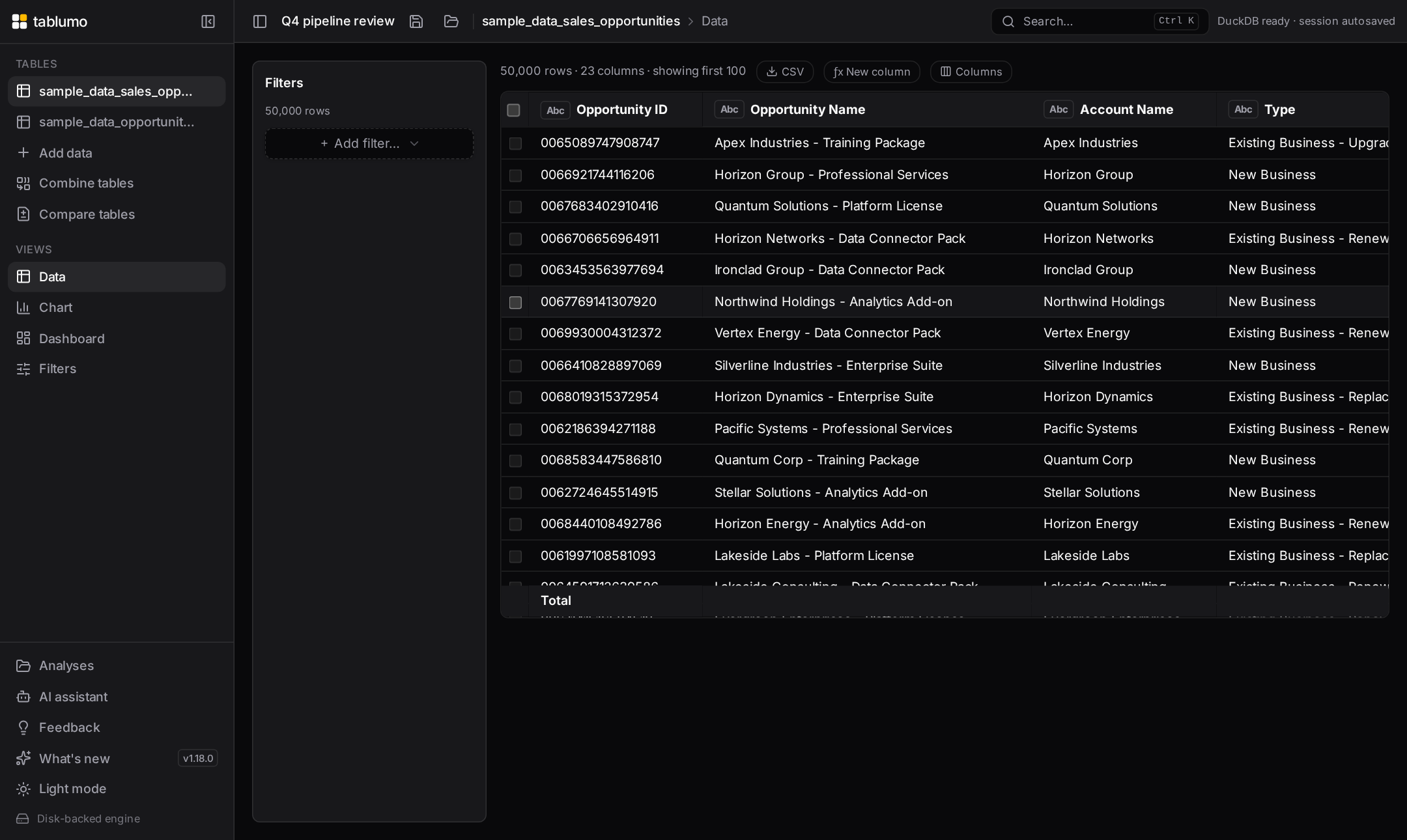 The data grid with type-aware columns and the filter sidebar