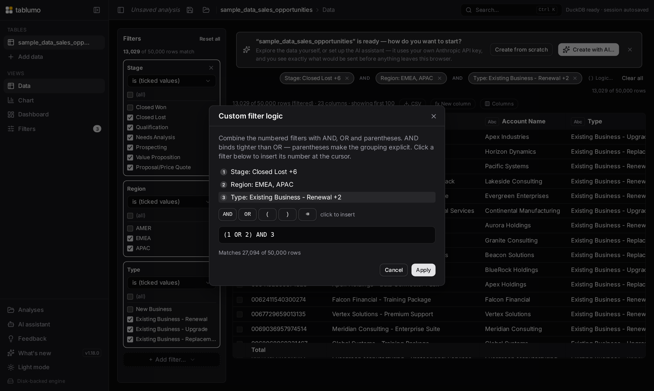 The custom filter logic editor: numbered filter rows, AND/OR/parenthesis and backspace buttons, the expression input with (1 OR 2) AND 3, and a live row-count preview above the Apply button
