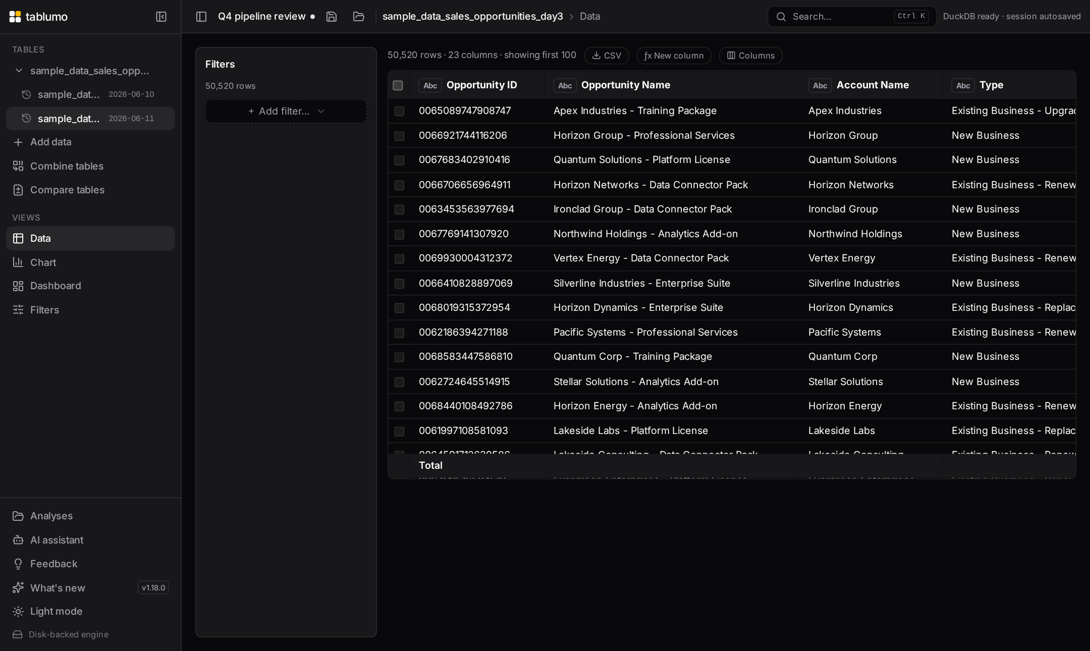 The sidebar showing a snapshot series: versions nested under their base table, each with its date